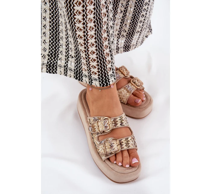 Klapki Damskie Na Platformie Z Klamrami I Plecionką Khaki Limme Klapki Damskie Na Platformie Z Klamrami I Plecionką Khaki Limme