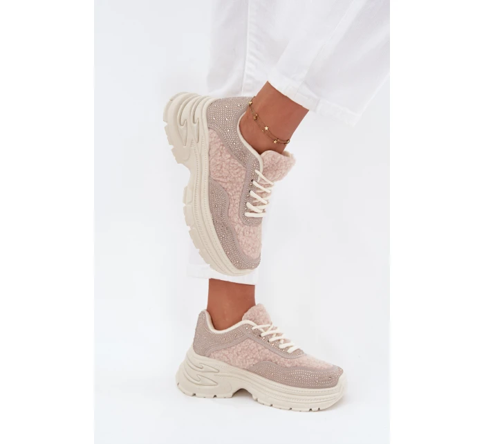 Sneakersy Damskie Z Cyrkoniami I Futerkiem Typu Baranek Jasnobeżowe Zarika Sneakersy Damskie Z Cyrkoniami I Futerkiem Typu Baranek Jasnobeżowe Zarika