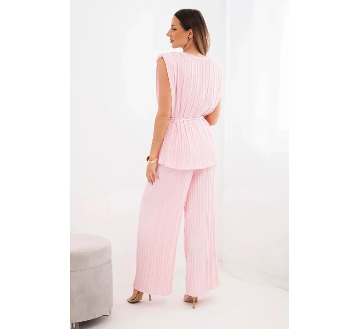 Dámsky viskózový plisovaný komplet s viazanou blúzkou a širokými nohavicami candy pink