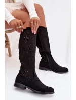 Dámské perforované kozačky na nízkém podpatku model 21998048 Černé - S.Barski