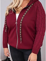 Dámská bavlněná mikina Plus Size s pletenými rukávy a kapucí bordó červená Dámská bavlněná mikina Plus Size s pletenými rukávy a kapucí bordó červená