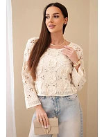 Dámsky čipkovaný sveter s kvetinovým vzorom béžovej farby
