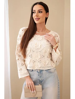Dámsky čipkovaný sveter s kvetinovým vzorom béžovej farby