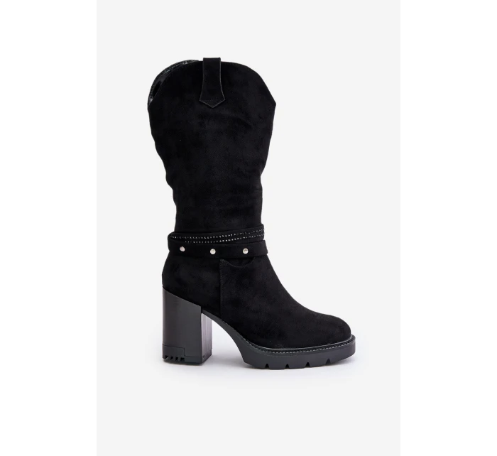 Kozaki Damskie Do Połowy Łydki Na Słupku Ocieplane Czarne Ivanelis