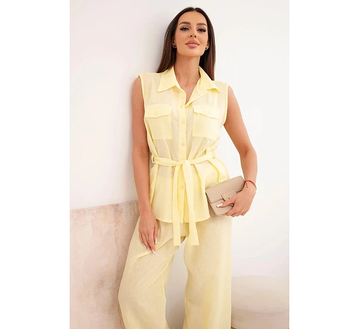 Dámský komplet s vázanou halenkou a širokými kalhotami žlutý