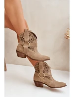 Zamszowe Botki Kowbojki Ażurowe Na Obcasie Zazoo 2994 Beżowe