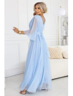 Dlouhé třpytivé plus size šaty s výstřihem a rukávy modré model 21957849 - numoco basic