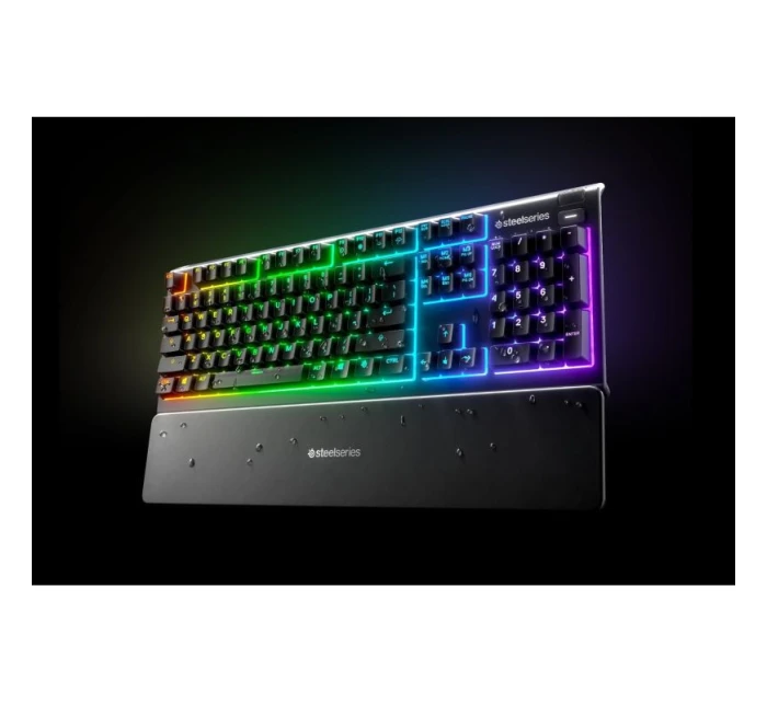 SteelSeries Apex 3 Gaming Keyboard, US Layout, Wired, Black SteelSeries Apex 3 Gaming Keyboard Vodotesná IP32 pre ochranu proti poliatiu, prispôsobiteľné 10-zónové RGB osvetlenie reaguje na hry a Discord, tiché herné spínače vydržia dlho