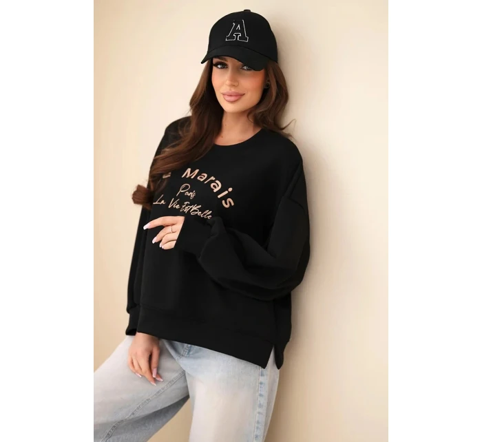 Dámská mikina máslová s výšivkou volného střihu černý