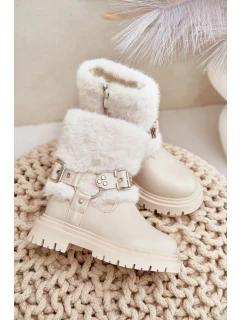 Eko Skórzane Botki Dziewczęce Z Futerkiem I Klamrami Beżowe Cartemes