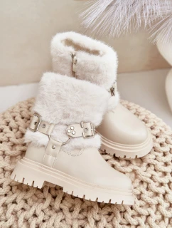 Eko Skórzane Botki Dziewczęce Z Futerkiem I Klamrami Beżowe Cartemes