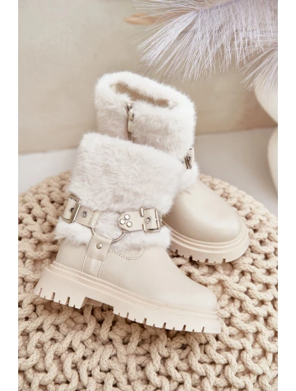 Eko Skórzane Botki Dziewczęce Z Futerkiem I Klamrami Beżowe Cartemes Eko Skórzane Botki Dziewczęce Z Futerkiem I Klamrami Beżowe Cartemes