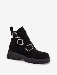Dámske členkové topánky s remienkami a striebornými prackami Helisse - čierne