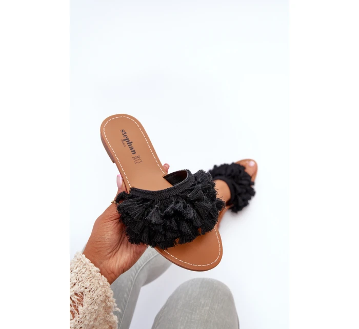 Płaskie Klapki Damskie Z Frędzlami Czarne Rialle