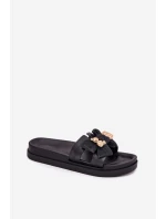 Klapki Damskie Z Kokardą I Złotą Broszką Czarne Lynara Klapki Damskie Z Kokardą I Złotą Broszką Czarne Lynara