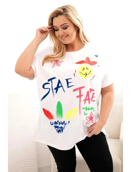 Dámská bavlněná halenka Plus Size s barevným potiskem bílý Dámská bavlněná halenka Plus Size s barevným potiskem bílý