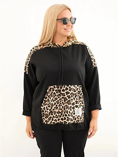 Dámska mikina z viskózy vo veľkosti Plus Size s kapucňou a leopardovými vsadkami, čierna