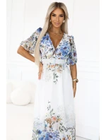 613-1 CELINA Vzdušné maxi šaty s obálkovým výstrihom, opaskom a kvetinovým ombre - MODRÁ 613-1 CELINA Vzdušné maxi šaty s obálkovým výstrihom, opaskom a kvetinovým ombre - MODRÁ