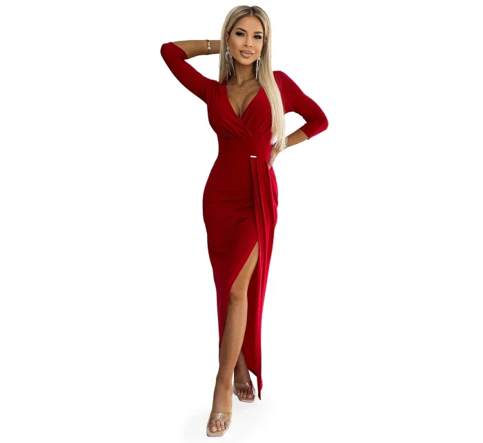 404-7 Dlhé trblietavé šaty s výstrihom a rozparkom na nohách - ČERVENÉ s trblietkami 404-7 Dlhé trblietavé šaty s výstrihom a rozparkom na nohách - ČERVENÉ s trblietkami