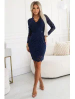 170-15 Čipkované šaty s dlhými rukávmi a výstrihom - tmavomodré