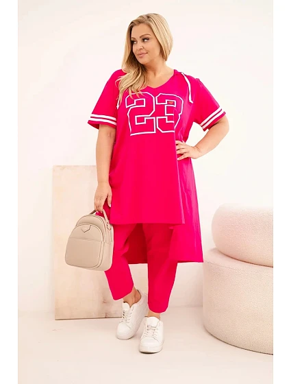 Dámská bavlněná souprava Plus Size s halenkou s kapucí a kalhotami fuchsiová