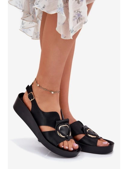 Kožené Dámské Sandály Na Klínku model 21698304 Černé - S.Barski Kožené Dámské Sandály Na Klínku model 21698304 Černé - S.Barski