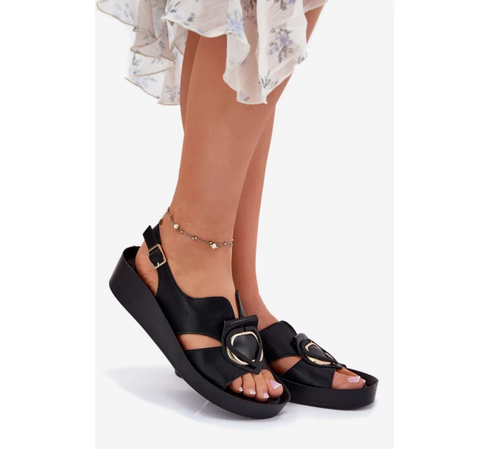 Kožené Dámské Sandály Na Klínku model 21698304 Černé - S.Barski Kožené Dámské Sandály Na Klínku model 21698304 Černé - S.Barski