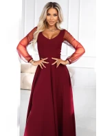 LORETTA dlouhé šaty s rukávy a výstřihem vínové model 21791769 - numoco