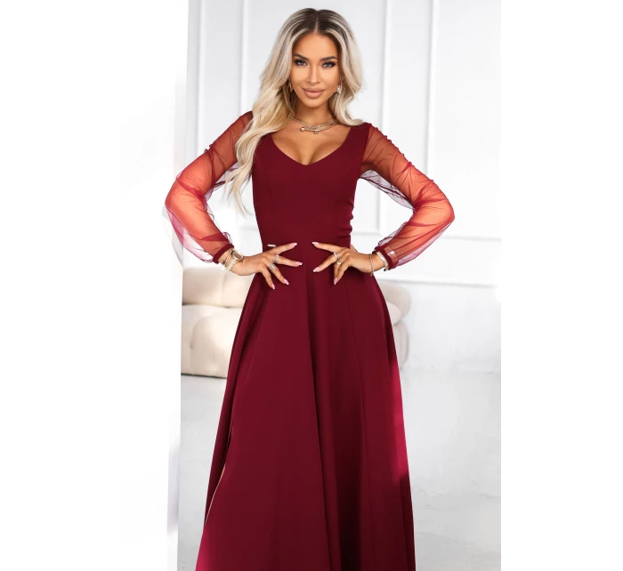 LORETTA dlouhé šaty s rukávy a výstřihem vínové model 21791769 - numoco
