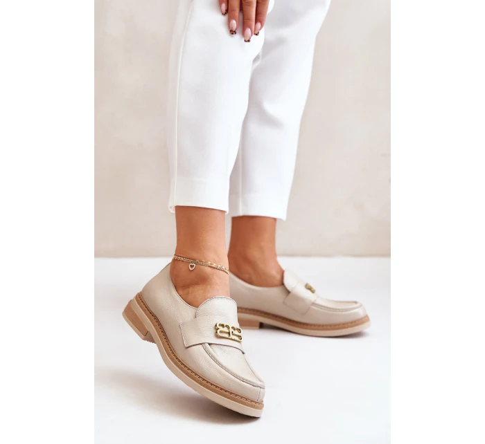 Zazoo 20174 Skórzane Eleganckie Półbuty Damskie Na Płaskim Obcasie Beżowe