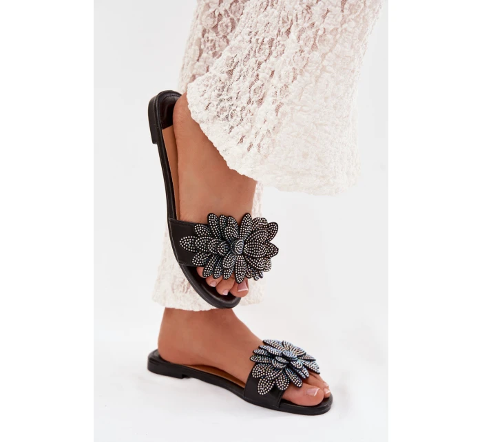 Dámské ploché pantofle s ozdobou černé Grelora