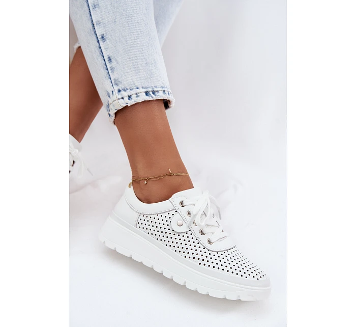 Kožené Ažurové Dámské Polobotky model 22107518 Bílé - VINCEZA