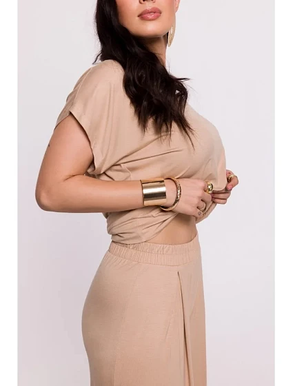 model 19670617 Kalhoty z viskózy s elastickým pasem cappuccino - BeWear