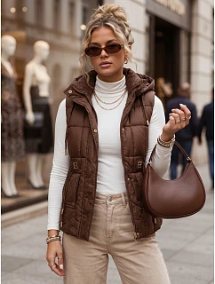 Kamizelka damska pikowana z kapturem brązowa model 22358236 - FashionStreet