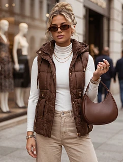 Dámska prešívaná vesta s kapucňou, hnedá, FashionStreet TY5975