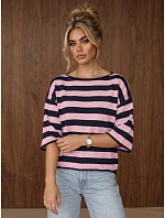 Dámský oversize svetr s pruhy v tmavě modré a růžové barvě FashionStreet MY2609 Dámský oversize svetr s pruhy v tmavě modré a růžové barvě FashionStreet MY2609
