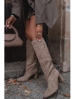 Kozaki Damskie Ocieplane Na Słupku Z Ozdobnymi Detalami Beżowe Lucinda