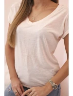 Dámska bavlnená blúzka s véčkovým výstrihom a krátkymi rukávmi púdrovo ružová Dámska bavlnená blúzka s véčkovým výstrihom a krátkymi rukávmi púdrovo ružová