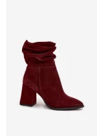 Kotníkové boty z přírodního semiše s vyhříváním na podpatku s mašlí Zazoo 4216 bordó