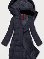 Dámska dlhá zimná bunda s kožušinou, tmavomodrá (2M-025)