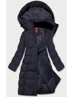 Tmavomodrá dlhá dámska zimná bunda s kožušinovou podšívkou (2M-025)