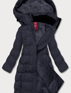 Tmavomodrá dlhá dámska zimná bunda s kožušinovou podšívkou (2M-025)
