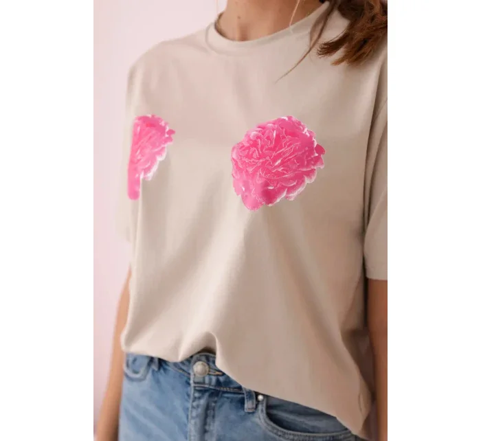 Bavlnená blúzka s kvetinovou potlačou béžová