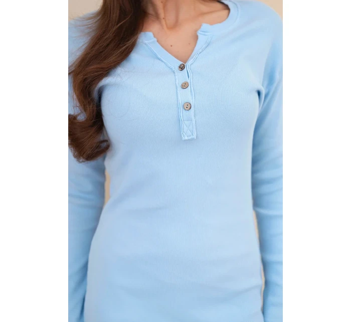 Dámská bavlněná šaty s dlouhým rukávem a knoflíkovým výstřihem modrá