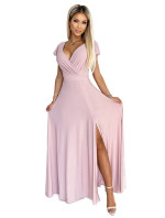 CRYSTAL - Dlhé lesklé dámske šaty v špinavo ružovej farbe s výstrihom 411-6