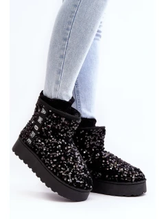 Śniegowce Damskie Na Platformie Zdobione Cekinami Czarne Silmo