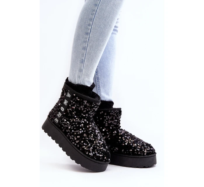 Śniegowce Damskie Na Platformie Zdobione Cekinami Czarne Silmo Śniegowce Damskie Na Platformie Zdobione Cekinami Czarne Silmo