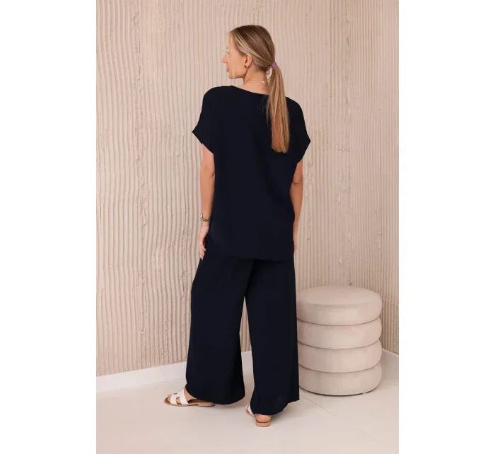 Súprava s náhrdelníkom blúzka + nohavice tmavomodrá