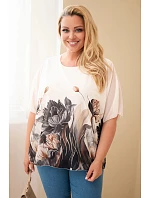 Dámske Plus veľkosť blúzka s kvetinovou potlačou a voľnými rukávmi čierna