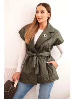 Dámska prešívaná vesta s opaskom a širokým golierom khaki